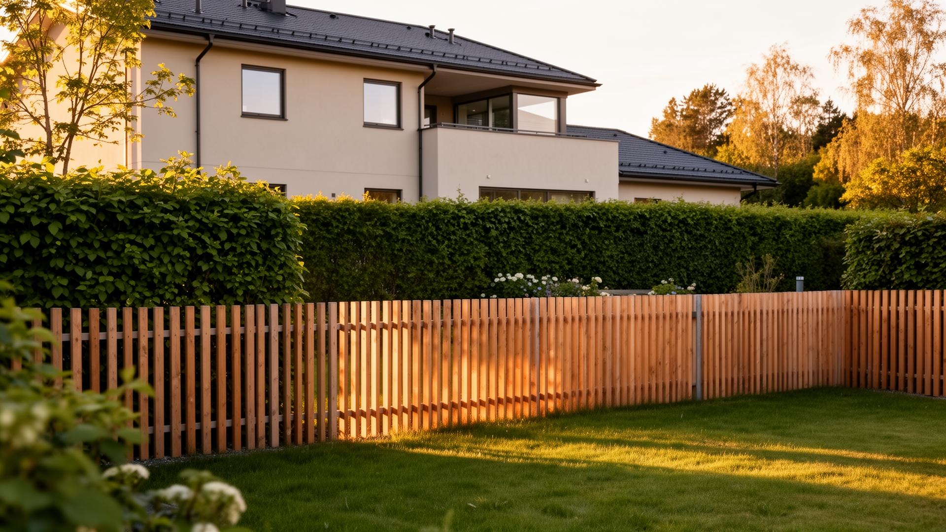 Bygga staket – modern villa med trästaket längs tomtgräns